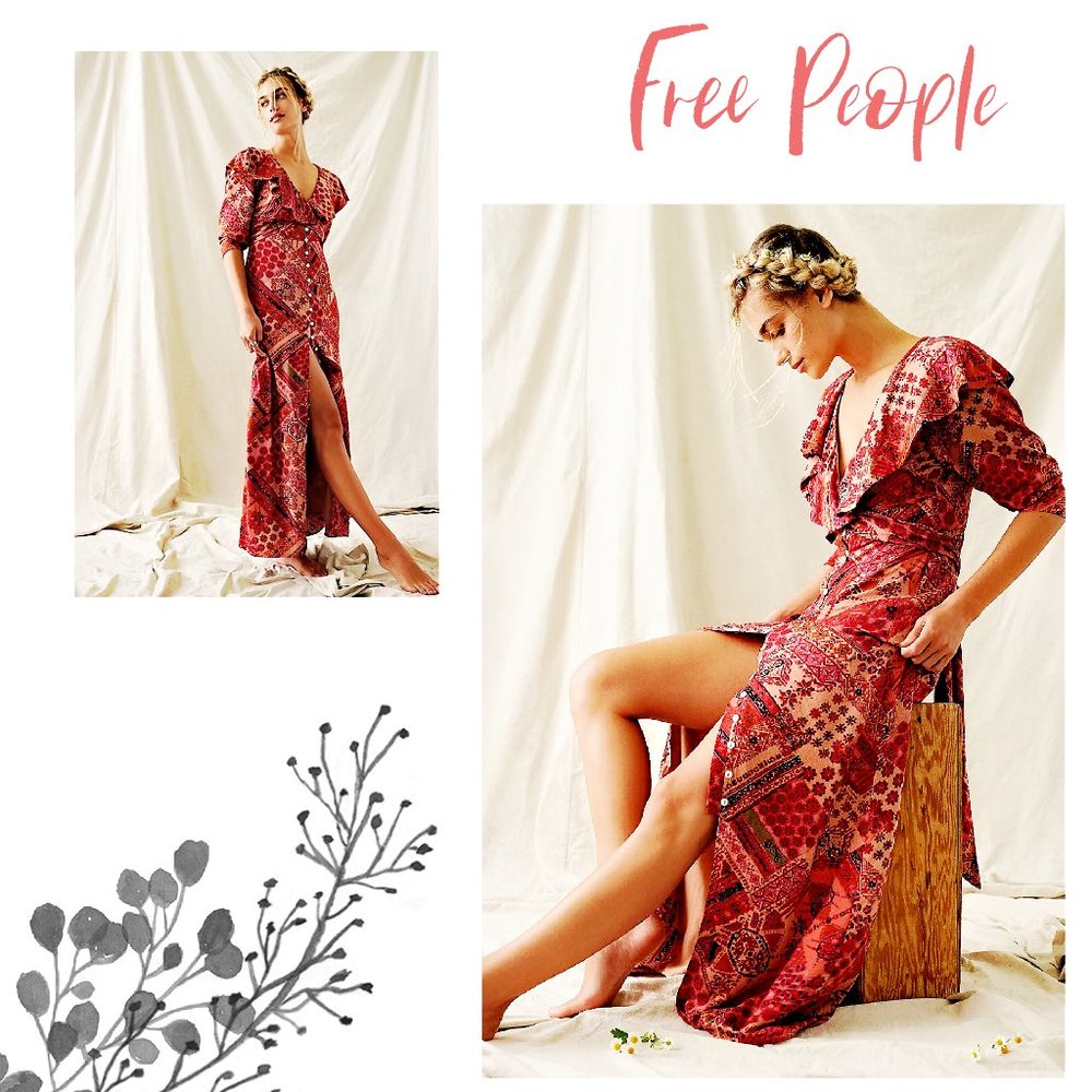 Free People Lennon Dress Boho Style Maxi Floral Print Coral Red NWT NEW Size XS